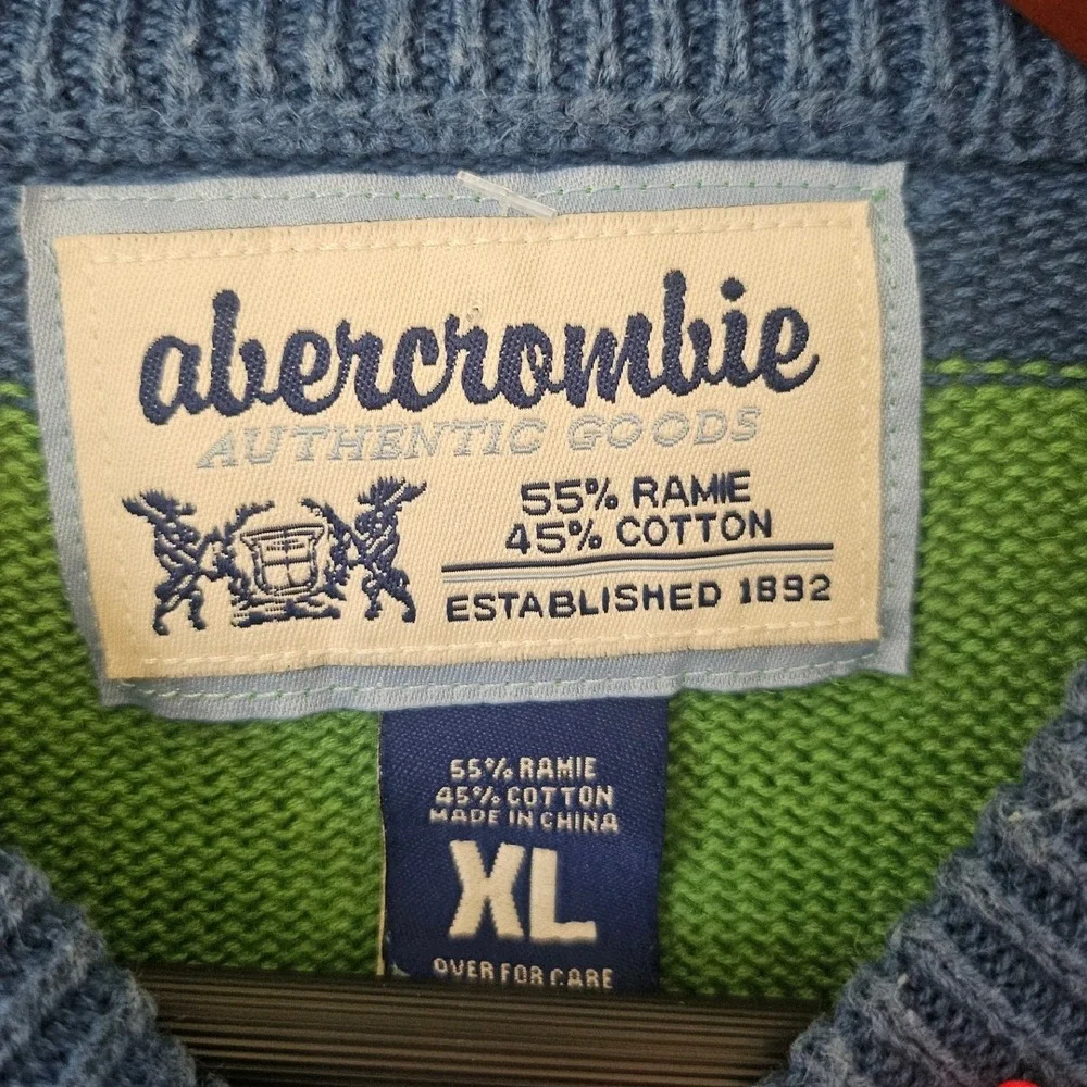 Abercrombie & Fitch Men's XL Blue Green Rugby Stripe Crewneck Sweater Preppy